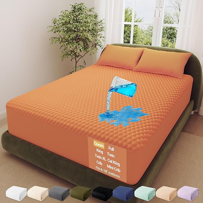 OhGeni 100% Waterproof Mattress Protector,Queen Size Mattress Soft Pad,Pet Hair & Bedwetting Resistant,Cooling Breathable Fitted Sheets,Washable Bed Cover,Non-Slip Deep Pocket,Noiseless,Orange