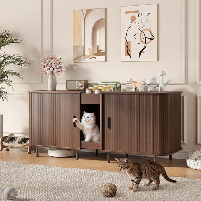 Double Litter Box Enclosure for 2 Cats, 55" Litter Box Furniture Hidden with Cat Scratch Pad, Large Indoor Cat House with Double Room, Wooden Litter Box Cabinet, TV Stand, Walnut
