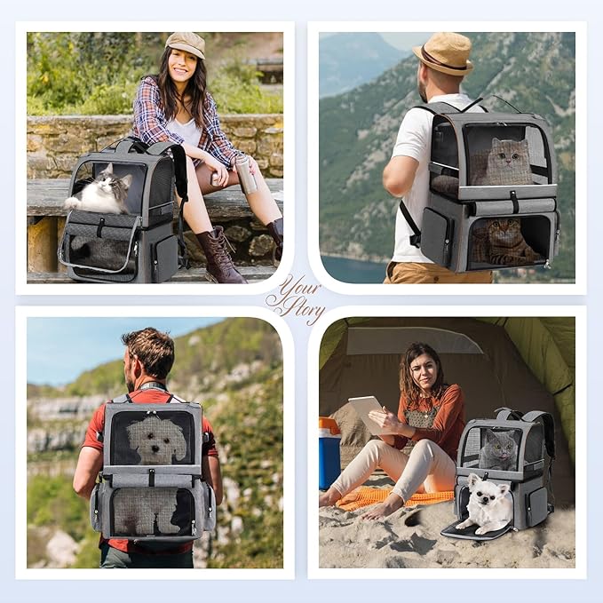 Lekebobor Double Cat Backpack Carrier for 2 Cats, Double-Compartment Pet Carrier Backpack for Two Small Cat or One Medium Cat, Cats Carrier Backpack Dog Carrier Backpack Fits Up to 24 Lbs,Grey