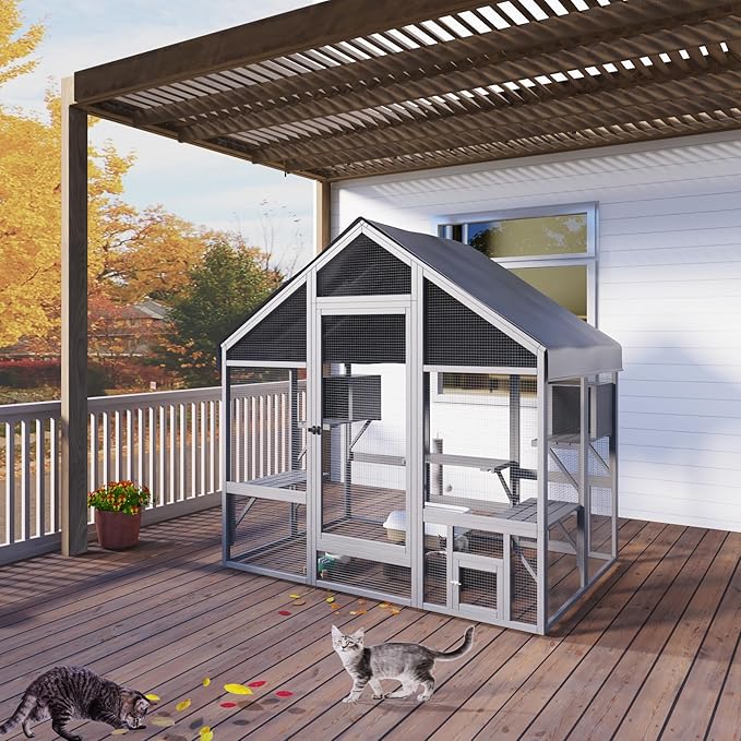 Cat Catio - Large Outdoor Catio Enclosure with 7 Tiered Platforms & 2 Premium Resting Boxes, Weatherproof Cat Cage with UV-Resistant Cover, Spacious Cats Enclosure for Multi-Cats(71"x49"x71")