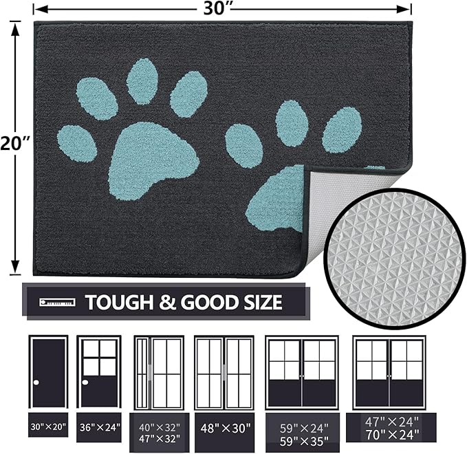 Buganda Dog Door Mat for Muddy Paws, Absorbent Dirt Trapper Washable Indoor Doormats, Non Slip Low-Profile Mud Mat for Dogs, Front Entrance Doormat for Inside Floor (36x24 Inches, Dark Grey and Blue)