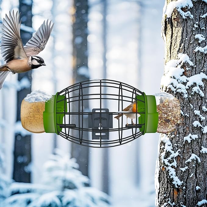 LONA Squirrel Proof Bird Feeding Cage for Outdoors - All-Weather Metal Caged Bird Feeders with Peanut Butter Jar Holder, Chew-Proof Feeding Cage for Small Birds (Oval Cage, 2 Feeding Units)