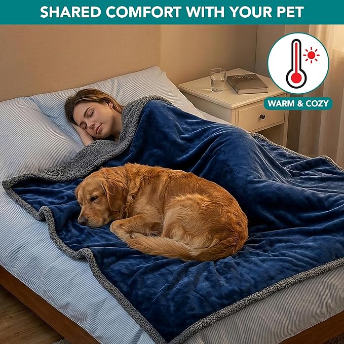 PetAmi Waterproof Dog Blanket for Medium Large XL Dog Puppy Cat Throw for Couch Cover Leakproof Protection, Sherpa Fleece, Reversible Soft Washable 80x60 Navy Gray