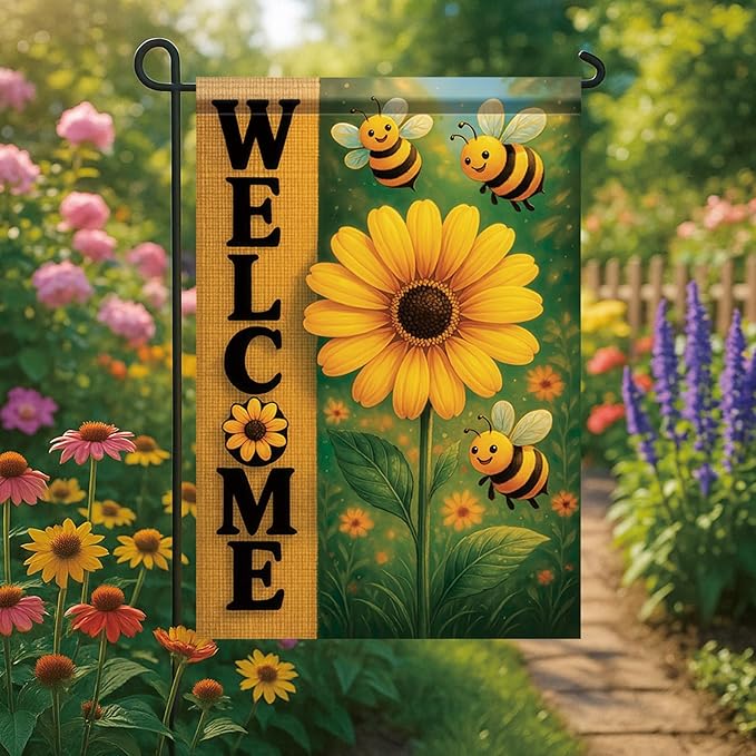 Spring Summer Garden Flag Bee Sunflower Flag 12x18 Inch Double-Sided Cute Welcome Yard Banner Floral Outdoor Decor for Porch Lawn Pathway Cottage Farmhouse Gift