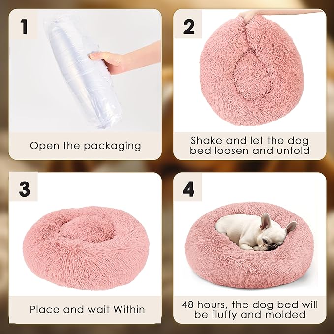 Hoewina Dog & Cat Bed, 20in Cat Beds for Indoor Cats, Calming Donut Bed for Puppy and Kitten, Washable Round Fluffy Pet Bed for Small Medium Dogs and Cats (Pink)