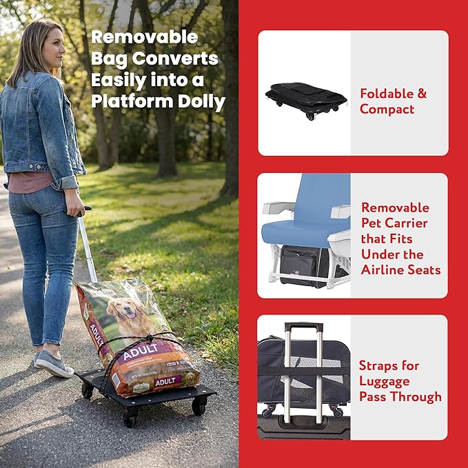 dbest products Rolling Pet Carrier with Wheels Airline Approved - TSA Dog Cat Carrier for Airplane Travel - Wheeled Pet Carrier 18x12x20 for Pets up to 24lbs - Collapsible Travel Bag