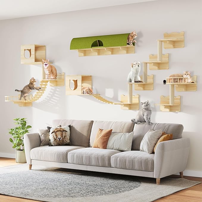 18-in-1 Cat Wall Shelves, Cat Wall Furniture Pine Wooden Wall Mounted Cat Shelf, Floating Cat Shelves Set and Perches, Condos, House, Steps, Bridge Ladder, Scratching Post and Tunnel