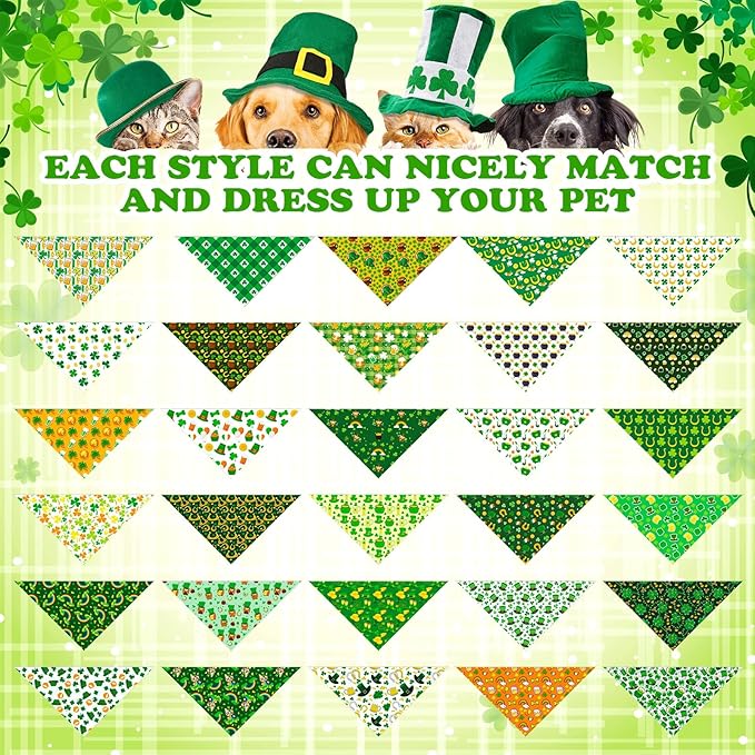 Youyole 120 Pcs Dog St. Patrick's Day Bandana Bulks Shamrocks Dog Bandanas Green Pet Scarf Soft Cat Triangle Scarfs Pet Bandana Green Hat Gnome Bibs for Small and Medium Breed
