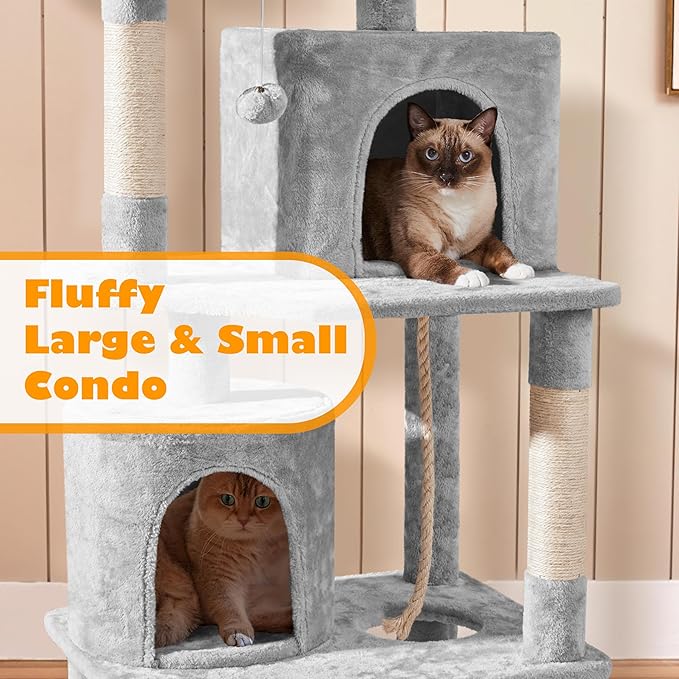 Yaheetech Cat Tree Tower, 70.5in Multi Level Cat Tree Kitten Condo with 2 Condos & 2 Plush Perches & Scratching Post & Dangling Ball, Cat Tower Furniture for Play & Rest Light Gray