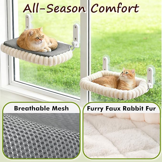2PC Cat Window Perch with Bolster Foldable Cat Hammock Cushion Bed for Window with Metal Frame, Cloud-Cuddle Cordless Window Resting Seat for Indoor Cats (Cushion Bed, White-L)