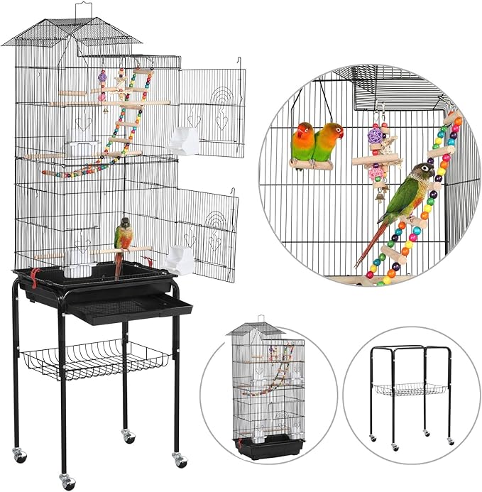 Yaheetech Bird Cage 64'' Medium Small Parrot Parakeet Bird Cages with Detachable Rolling Stand for Parrot Lovebirds Finches Parakeets Budgie Parrotlet Conures, Pet Flight Birdcage