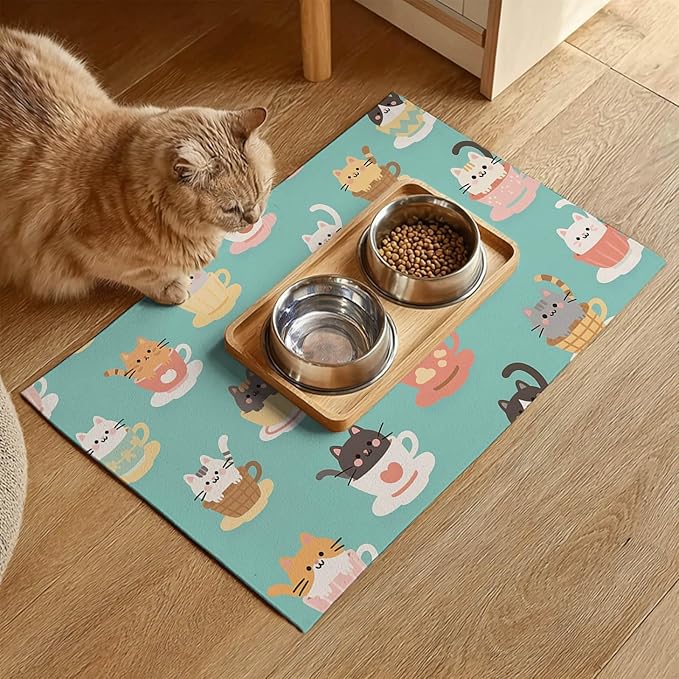 Cat Feeding Mat 24x16 inch Teacup Kitten Print Pet Bowl Placemat Non Slip Floor Mat for Food and Water Indoor Kitty Feeding Station Cute Meal Pad for Small Pets Kitchen Use