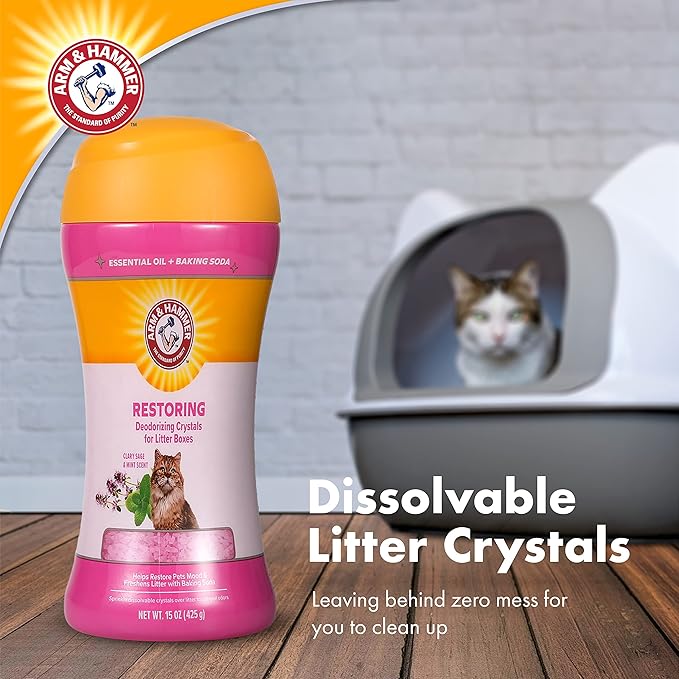 Arm & Hammer Restoring Cat Litter Box Deodorizing Crystals, Litter Deodorizer Additive to Help Absorb Odors and Restore Freshness Between Changes, Clary Sage & Mint Scent, 15 Oz - 2 Pack