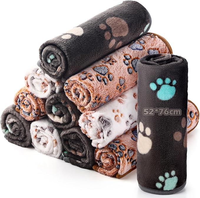 Tegeme 12 Pcs Pet Blankets Soft Fluffy Fleece Dog Cat Warm Paw Print Pattern Blankets Flannel Throw for Pets Dog Puppy Cat(30 x 20 Inch,Dark Gray, White, Camel)