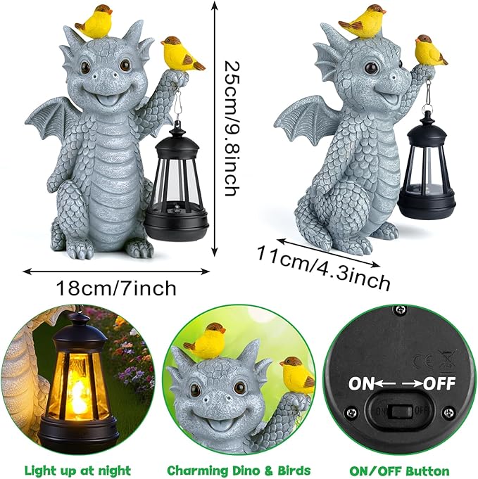 ILLUMINEW Solar Dragon Garden Statue with Lantern and Birds – Resin Dinosaur Figurine with LED Light for Yard, Outdoor Decor, Gifts for Mom, Women (Dragon)