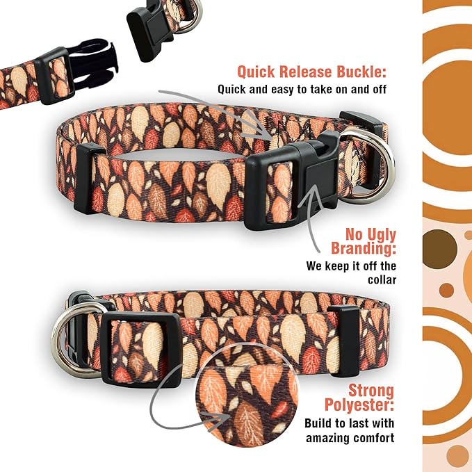 Native Pup Thanksgiving Dog Collar- Fall Collars for Dogs- Autumn Leaf, Turkey, Pumpkin Pie, Holiday Leaves- Girl Boy Puppy- Adjustable for Small, Medium, Large Breeds (Fall Leaves, Large)