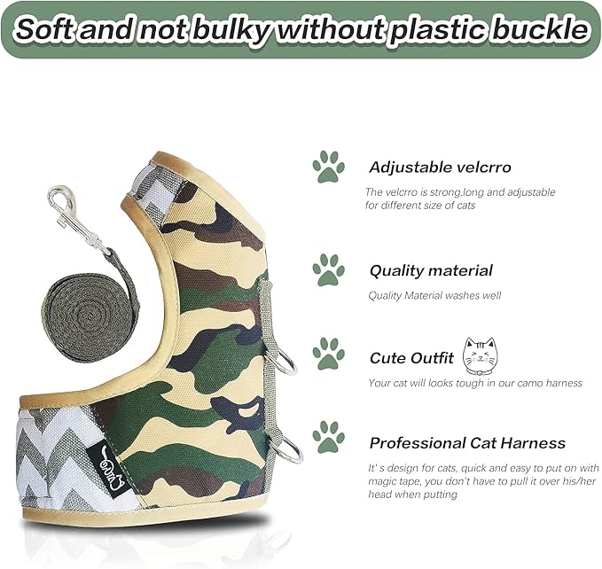 Cat Harness and Leash Set for Walking Escape Proof, Adjustable Cat Vest Harness, Padded Stylish Cat Walking Jackets, Camo Green, X-Small