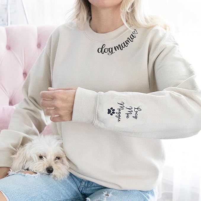 NAZENTI Custom Dog Mom Embroidered Sweatshirt with Pet Name on Sleeve, Fur Mama, Dog Lover Gifts