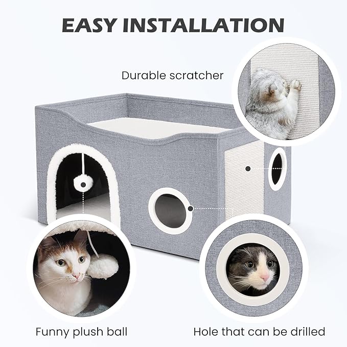 Heeyoo Cat House for Indoor Cats - Large Cat Bed Cave with Fluffy Ball and Scratch Pad, Foldable Cats Houses & Condos, Cat Hideaway, Covered Kitty Bed for Multi Small Large Kitty, 23.8x15.9x13.2 Inch