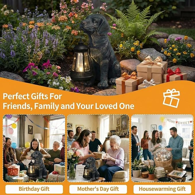 Lyeasw Solar Dog Statues with Lantern – Waterproof Outdoor Dog Figurines for Garden, Yard & Porch, Auto On/Off Solar Light, Birthday for Mom & Dog Lovers