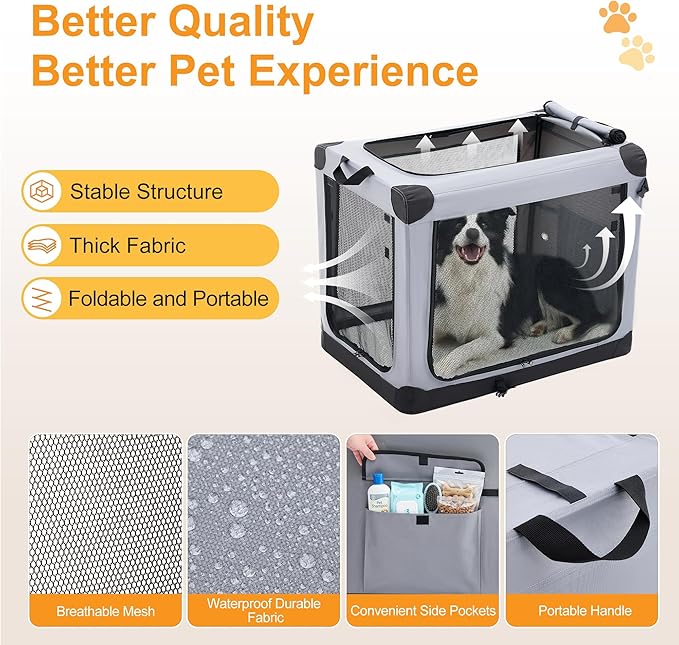 Dog Travel Crate 24 Inch, Portable Soft-Sided Travel Carriers for Dogs and Cats, Foldable Pet Kennel with 3-Doors Mesh Windows Indoor & Outdoor, Grey