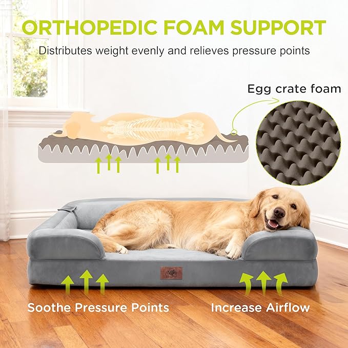 Orthopedic Dog Bed for Extra Large Dogs, XXL Waterproof Egg Crate Memory Foam Pet Bed Bolsters Dog Couch with Washable Cover & Non-Slip Bottom, 45x35