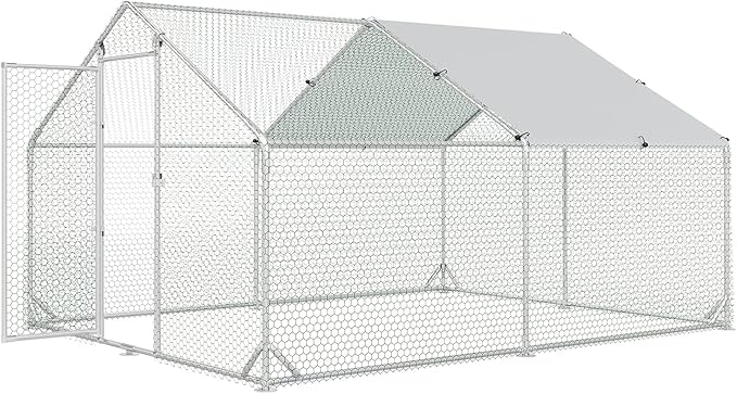 4ever2buy Large Metal Chicken Coop with Run Walk-in Poultry Cage Chicken Runs House Pen Cage Spire Roofed Chicken Coops with Anti-Ultraviolet Cover for Outdoor Yard Farm Use 9.8’L x 13.1’W x 6.4’H