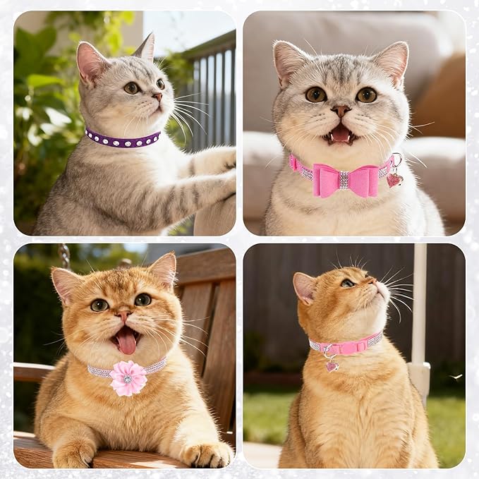 Rhinestone Cat Collar with Bow, Breakaway Elegant Female Diamond Cat Collars with Bell, Pink Leather Sparkly Bowtie Pet Collar for Girl Boy Small Kitten Puppy with Safety Buckle, 8-12"