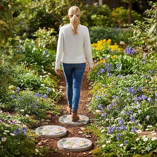 Garden Stepping Stones Outdoor, 9.8" Resin Frog Stepping Stone with Moon Butterfly Mushroom, Spring Decorative Round Walkway Gardening Gifts Home Decor for Outside Yard Pathway Patio Lawn