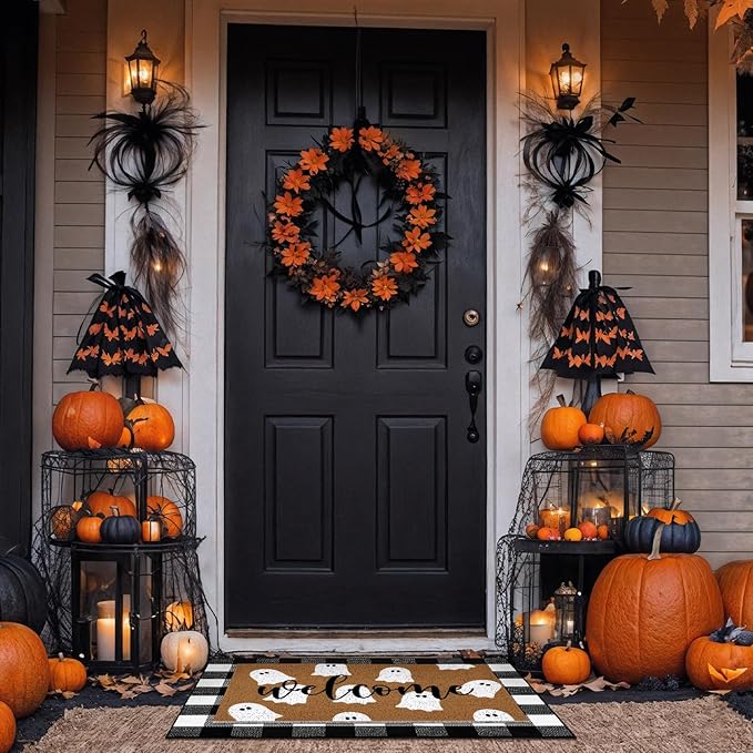 Tinideya 2 Pcs Door Mat Welcome Non Slip Coir Mats Floor Layering Doormats Seasonal for Front Porch Entryway Decor(Plaid Ghost)