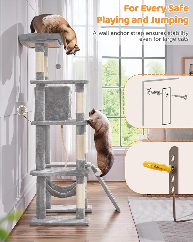 Yaheetech Cat Tree Cat Tower, 63in Multi-Level Kitten Tree for Indoor Kitty, Pet Condo Furniture with Scratching Posts, Large Top Perch, Hammock, Tall Climbing Stand for Kitty Play