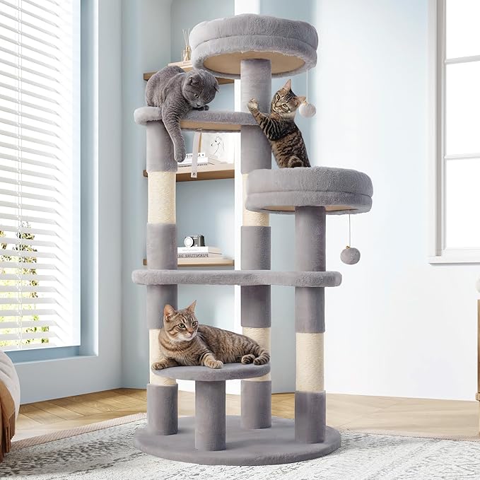 Allewie 55.5 in Cat Tree for Indoor Kitties/Soft Plush Perches/Multi-Level Cat Tower/Sisal Scratching Posts/Crescent Plates/Round Jumping Board/Hanging Ball/Pet Activity Center/Grey