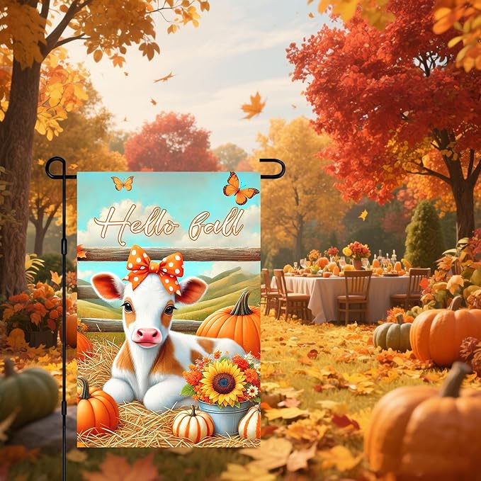 Hello Fall Garden Flag Cute Calf Cow Flag 12x18 Inch Polka Dot Bow Hay Pumpkins Sunflowers Double Sided Outdoor Banner For Front Yard Porch Lawn Patio Seasonal Home Decor Rustic Autumn