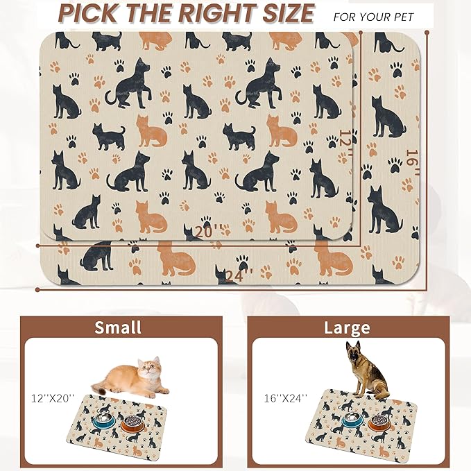 Cute Cat Paw Prints Dog Food Mat for Floors,Vintage Boho Absorbent Pet Food and Water Bowl Mats,Non-Slip Pet Feeding Mat,Pet Supplies 12" x 20"