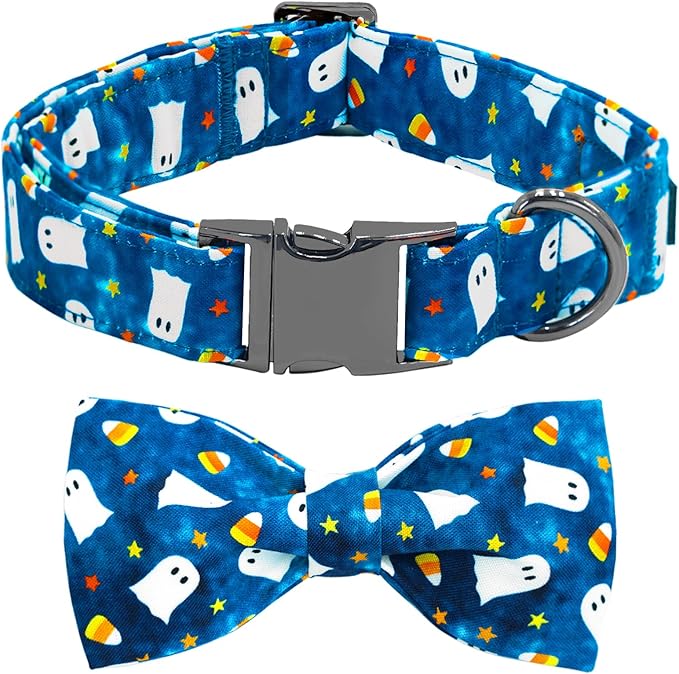Halloween Dog Collar, Ghost Print Adjustable Pet Collar Blue Cute Cotton Soft Collars with Bow Tie Fall Metal Buckle Holiday Puppy Collars Boy&Girl Gift for X-Large Dogs