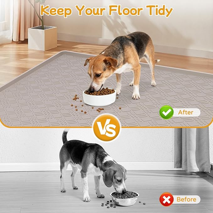 Lanstics Dog Food Mat, 42" x29" Large Silicone Mat Dog Feeding Mat with Raised Edge Non-Slip Pet Feeding Mat for Food and Water Bowl, Easy to Clean, Floor Protection (Beige)