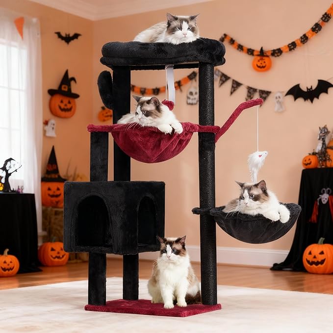 Heybly Cat Tree, 39.4 Inches Gothic Tower Condo with Scratching Post, Cat Tower for Indoor Cats, Fully Wrapped Sisal Pole, Soft Platform, 2 Baskets and Dangling Toy, Black and Red HCT006SBR