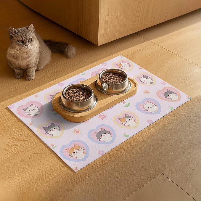 Cat Feedings Mats 20x12 inch Pink Heart Kitten Print Pet Bowl Placemat Non Slip Mat for Cats Food and Water Indoor Kitty Feeding Station Cute Cats Meal Mat for Small Pets Kitchen Floor Use