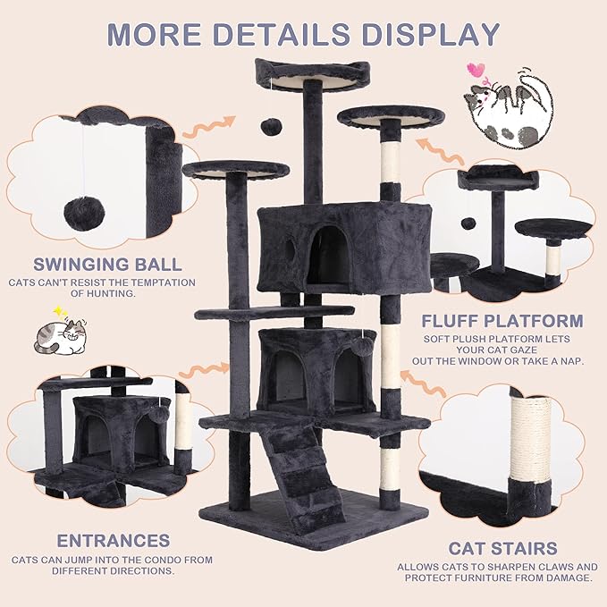 Heavy Duty Cat Tree Tower, 54" Tall Cat Tower for Indoor Cats with Cat Scratching Post with Bed, Cat Condo, Hanging Ball, Multi-Level Cat Climbing Tower Cat Trees Furniture Activity Center, Light Grey
