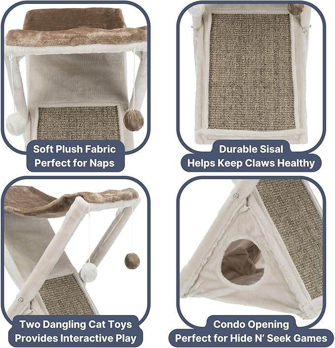 TRIXIE Miguel Fold and Store Cat Hammock, Indoor Cat Furniture with Dangling Toys, Scratching Pad, and Cave, Taupe/Light Gray