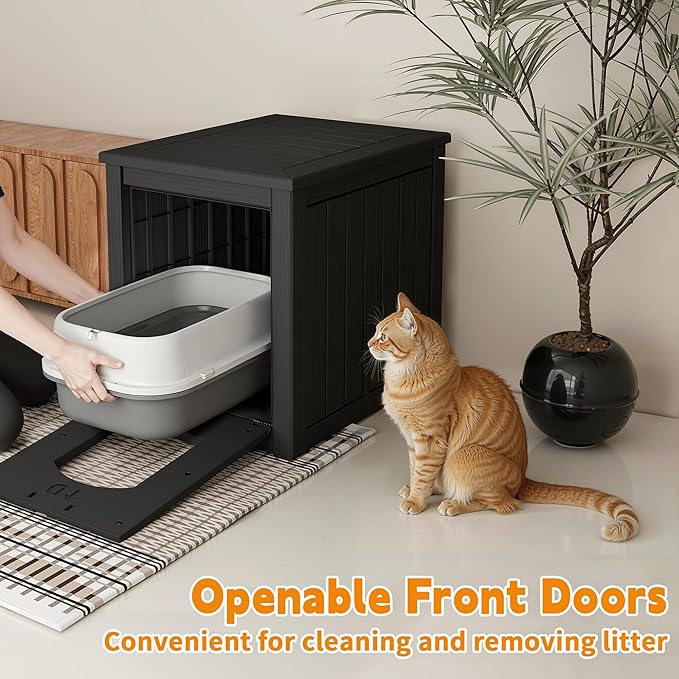 Cat Litter Box Enclosure, Multi-Functional Hidden Cat Litter Box Furniture & Indoor Outdoor Cat House with Side Table Design, Openable Front Door & Raised Floor, Easy to Clean & Assemble, Black