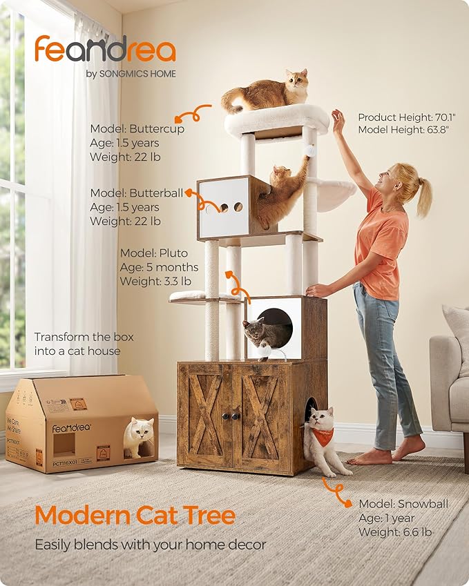 Feandrea Cat Tree with Litter Box Enclosure, 70.1-Inch Tall Cat Tower, 2-in-1 Modern Condo with Scratching Posts, Perch, Caves, Basket, Washable Cushion, Rustic Brown UPCT116X01