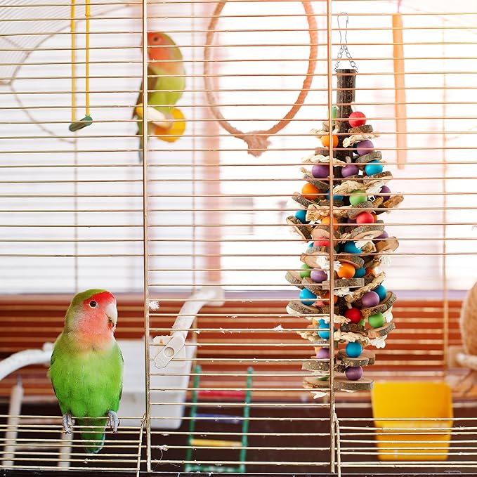 3 Pcs Extra Large Bird Parrot Toy Multicolored Natural Wooden Parrot Cage Chewing Toys for Large Medium Macaws Cockatoos African Grey Birds (Block and Ball)