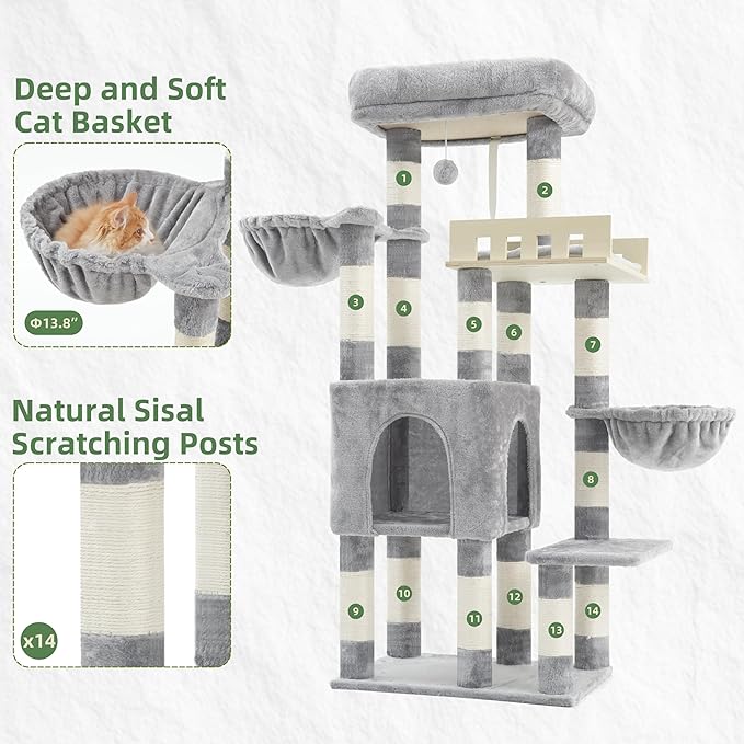 Cat Tree for Indoor Cats Large Adult, Heavy Duty Cat Tree for Large Cats 20 lbs+, Cat Condo with Big Wooden Perch, Cat Tower with 14 Scratching Posts, Hammock, Light Gray GCT023W