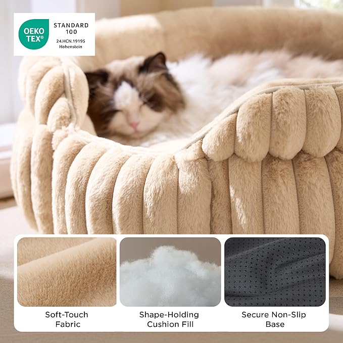 Bedsure ComfyFleece™ Small Cat Bed, Washable Round Cute Pet Beds for Indoor Cats, Super Soft Corduroy Kitten Bed with Anti-Slip Bottom, 20''x20''x8'', Sandy Beige