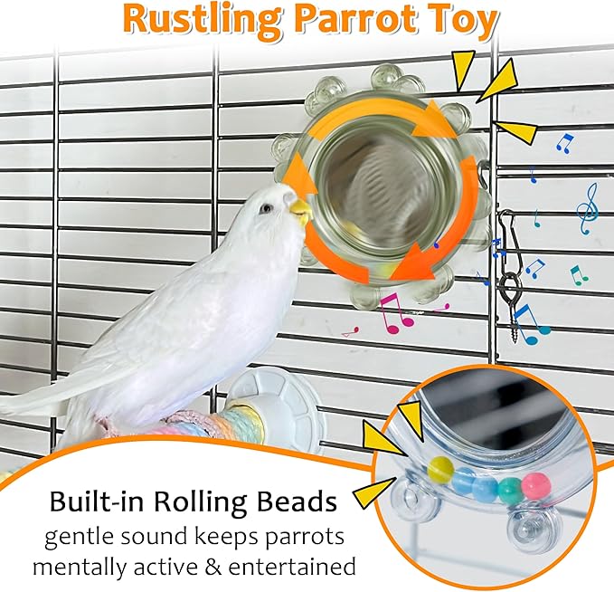2Pcs Innovation Bird Toy with Hd Mirror, Spinner Rattle Parakeet Toy with Rustling Beads, Safely Embedded No Sharp Edges Bird Mirror for Cage, Flexibly Mounted Rotating Budgie Enrichment Fits Any Cage