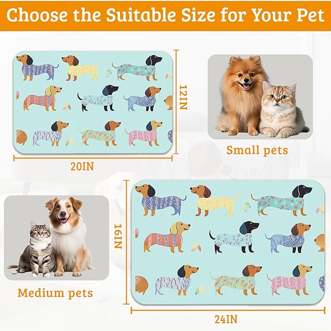 Dachshund Dog Cat Food Mat,Absorbent Waterproof Placemat for Food and Water Non Slip Rubber Backing Durable Feeding Pad for Clean Floors 12" x 20"