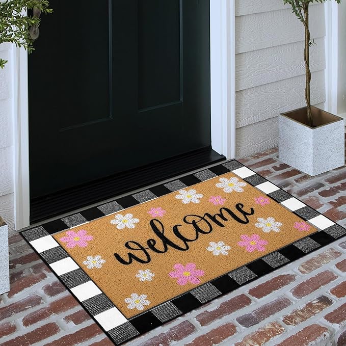 Tinideya 2 Pcs Spring Welcome Door Mat Outdoor Pink Flower Doormats for Front Door Non Slip Floral Layered Coir Mat Black White Check Spring Rug for Outside Front Porch Entryway Decor