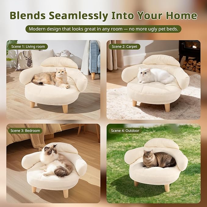 Cat Sofa Furniture-Style Pet Bed with Removable Cotton Velvet Cover, Solid Pine Wood Legs, for Cats and Small Dogs, White