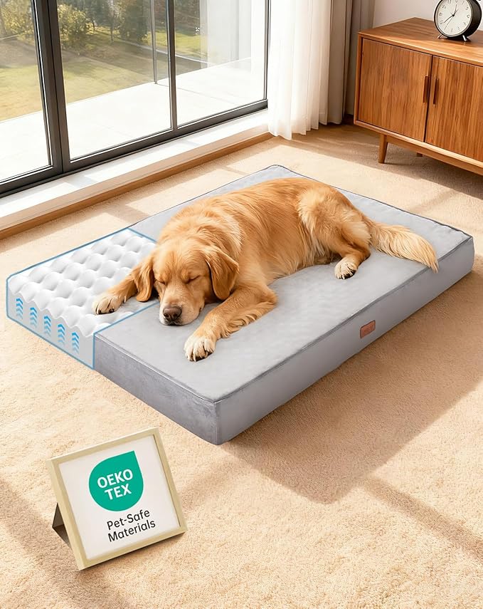 OhGeni Orthopedic Waterproof Dog Bed for Large Dogs, Machine-Washable Removable Cover in Easy-Clean Fabric, High Density Foam & Easy-Carry Handle, Wider and Larger, 44 inch (Gray)